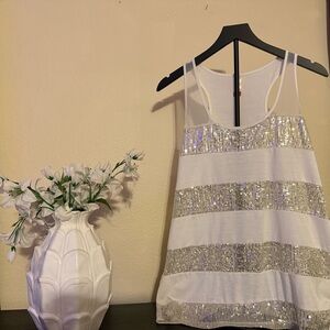 No Boundaries White and Silver Sequin Tank Top